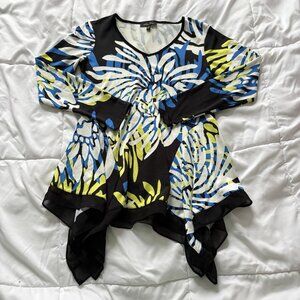 Melissa Paige Womens Size XS Floral Top Blouse Long Sleeve Black Blue Yellow